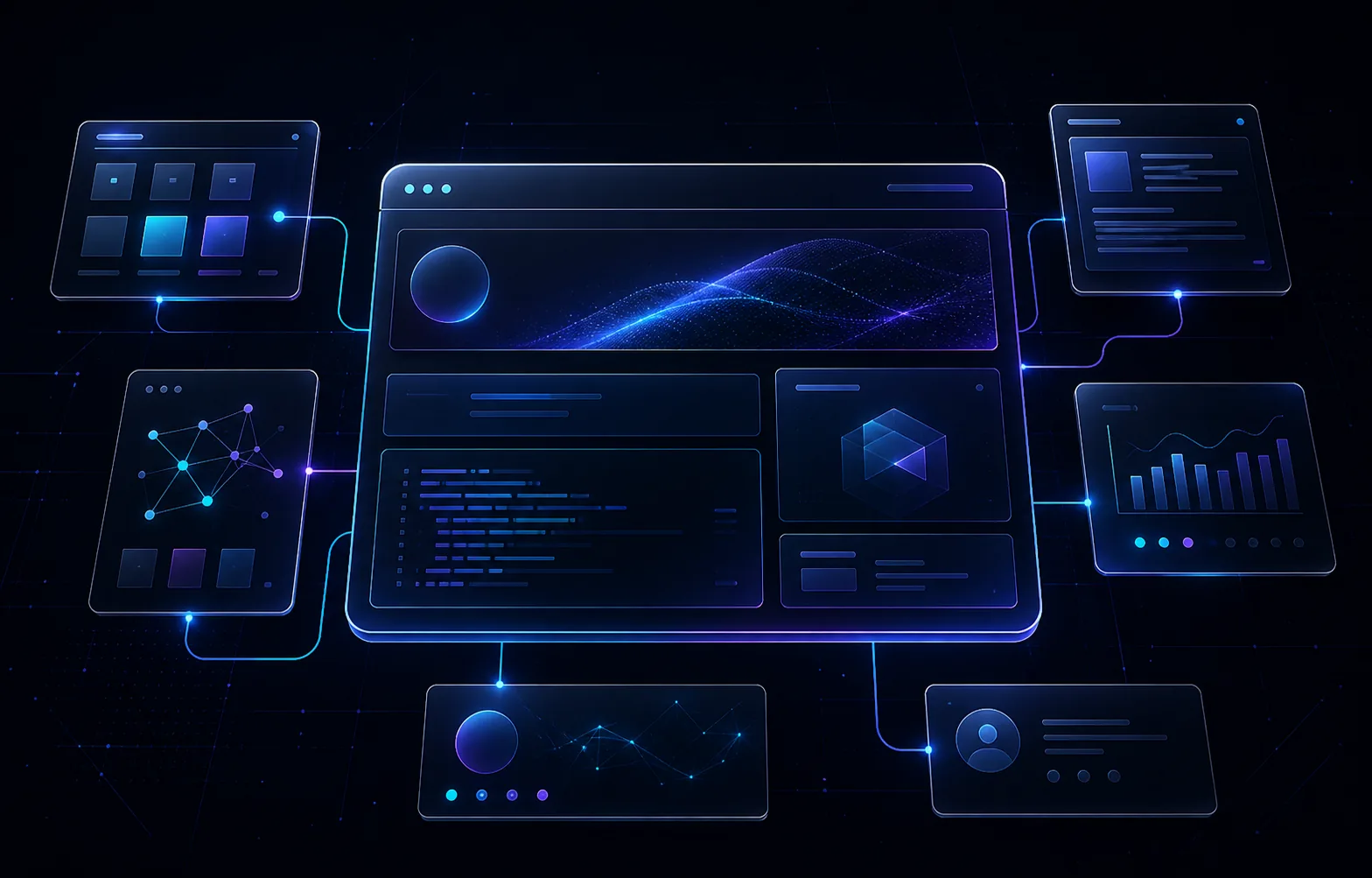 Abstract visualization of a connected developer portfolio, publishing, and analytics platform