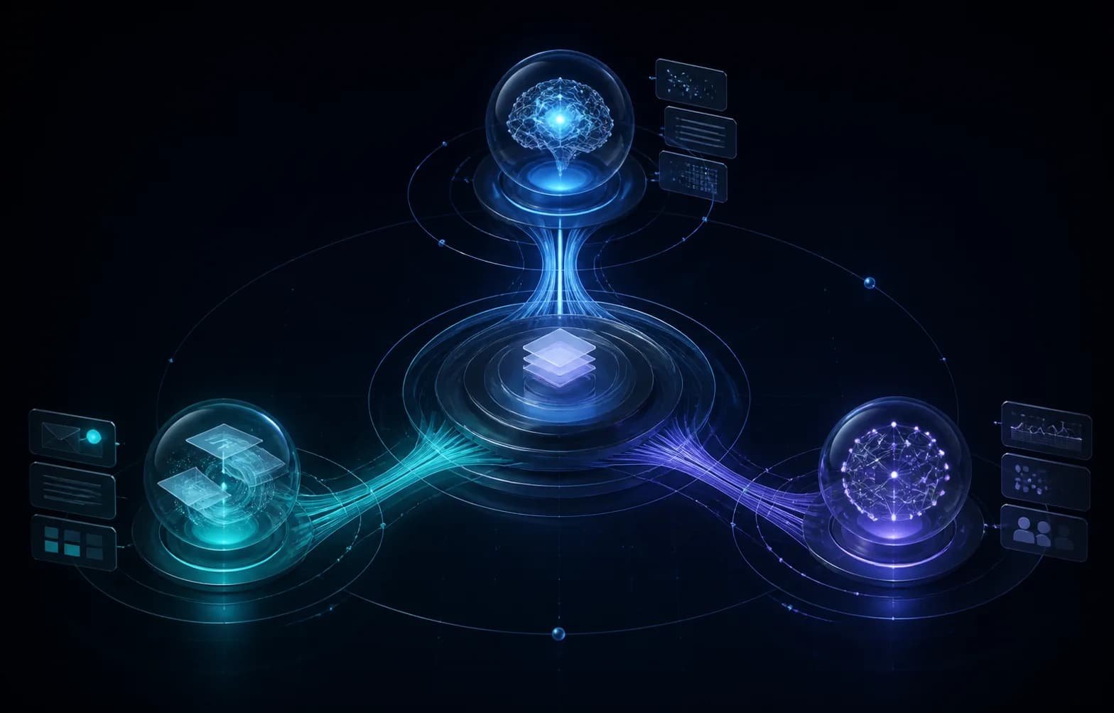Abstract visualization of three AI agents coordinating through a central orchestration system